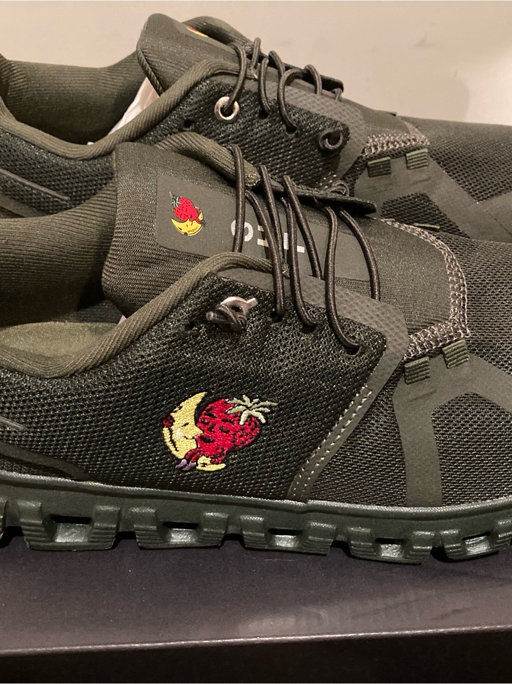 On Running Olive Green Mesh Sneakers with Red & Yellow Embroidered Fruit